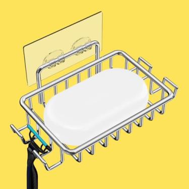 Imagem de Suporte de sabão em barra para parede de chuveiro com 4 ganchos, saboneteira adesiva de aço inoxidável para banheiro, prata