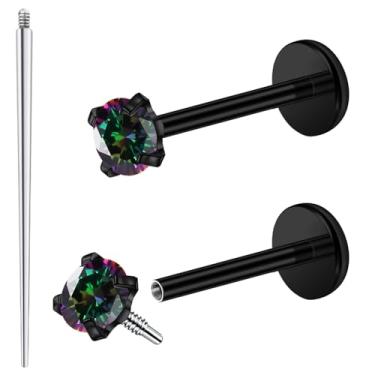 Imagem de Ftovosyo Piercing de aço cirúrgico com zircônia cúbica com rosca interna para piercing de nariz, concha, tragus, hélice, cartilagem, brincos para mulheres e homens, 18G, Metal, Zircônia cúbica