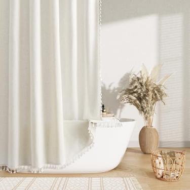 Imagem de Nanspring Cortina de chuveiro extra longa de linho natural, boho, 213 cm, rústico, terroso, chique, conjunto com ganchos, estilo estético moderno, vintage, decoração com borlas pesadas para banheiro