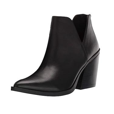 Imagem de Botas femininas de cano curto, sem cadarço, bico fino, pele de cobra, grosso, empilhado, salto médio, Couro preto, 6.5