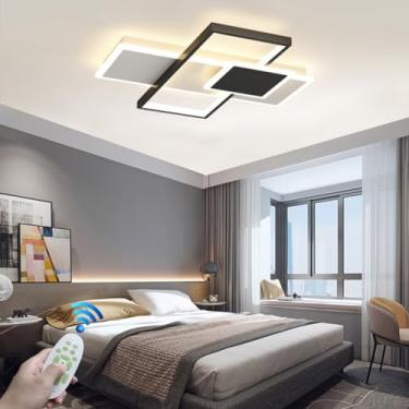 Imagem de Luminária de teto moderna para interiores, com intensidade regulável, para sala de estar, escritório, lustre LED, design geométrico, grande, quadrada, ultrafina, em metal preto (Tamanho)