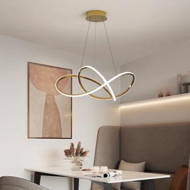 Imagem de Luminária pendente LED dourada moderna para sala de jantar, 60 cm de diâmetro, branca, 45 W, dimerizável, com controle remoto, temperatura de cor de 3000 K a 6000 K. Ideal para ilha de cozin