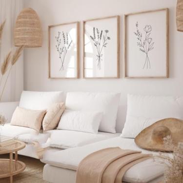 Imagem de Impressão em tela de linha floral pôsteres minimalistas botânicos pintura de parede 3 peças linha botânica moderna arte floral decoração de quarto para casa emoldurada pronta para pendurar com moldura