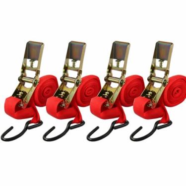 Imagem de Cintas de Amarração com Catraca, Kit com 4 Unidades, Poliéster Reforçado 2,5cm x 4,5 Metros, com Gancho em Aço, para Transporte e Fixação de Cargas