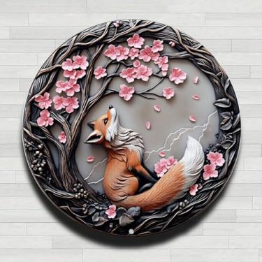 Imagem de Placa de parede redonda de metal rústico vintage raposa flor de cerejeira, 20 cm, presentes e decoração para casa, escritório, café e quintal