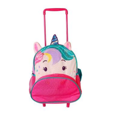 Imagem de Mochila Escolar Rodinhas Unicórnio Rosa Roxo Infantil Clio Pets Animai
