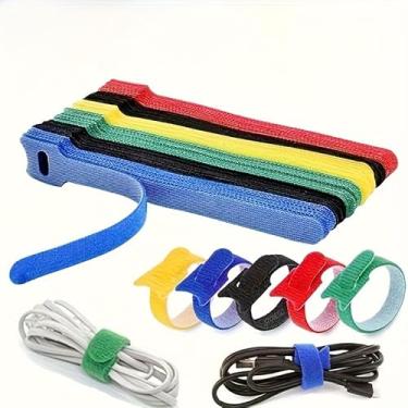 Imagem de Pacote com 6 tiras de nylon multicoloridas, organizador de cabos autoadesivo para dados e fios de fone de ouvido, material de escritório reutilizável