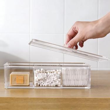 Imagem de Dispensador de suporte quadrado Qtip, suporte de bola de algodão com 3 compartimentos, recipientes de banheiro para cotonete, bola, organizador de almofadas de algodão, recipientes de acrílico