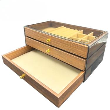 Imagem de Porta Jóias de Madeira Nogueira Luxo com 3 Compartimentos Organizador Decorativo Jóias e Bijouterias