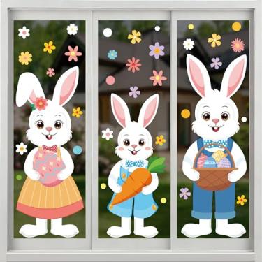 Imagem de Adesivos de janela de Páscoa extragrandes com 6 folhas, dupla face, desenho animado, coelho, coelho, família, janela, adesivos, reutilizáveis, ovos de páscoa, flores, decalques para decoração de vidro