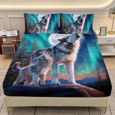 Imagem de AILONEN Jogo de lençol casal lobo uivante - noite estrelada aurora galáxia para meninos e meninas - 3D família lobos da floresta lençol com bolso profundo e 2 fronhas - 3 peças