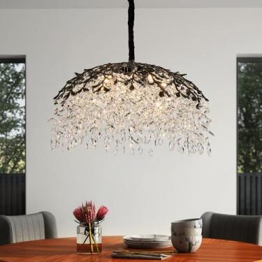 Imagem de witkey Lustre de cristal moderno para sala de jantar, lustres de ramo de árvore preto claro de 80 cm, lustres retangulares de cristal K9 de luxo para cozinha ilha sala de estar