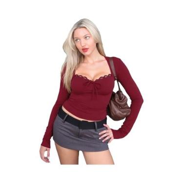 Imagem de Camiseta Crop Elegante E Sexy De Manga Longa Com Patchwork De Renda Pa