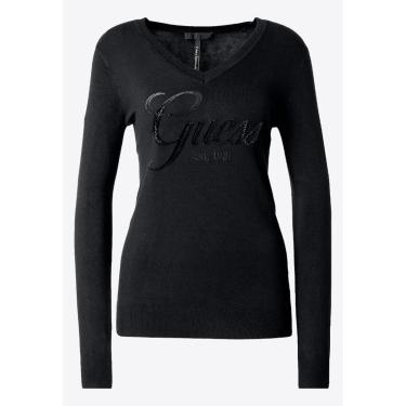 Imagem de Suéter de Tricot Guess Dec V Bordado E Hot Fix Preto-Feminino