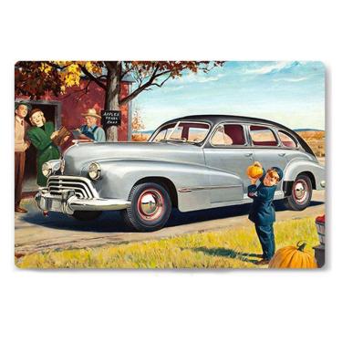 Imagem de Placa de estanho de ferro, carro vintage dos anos 1940, decoração de parede com cena familiar