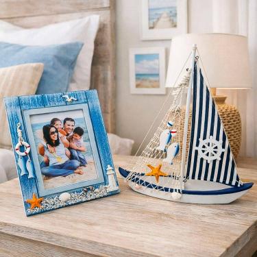 Imagem de Barco E Porta Retrato Decoração Casa Praia Náutico Kit 2pçs