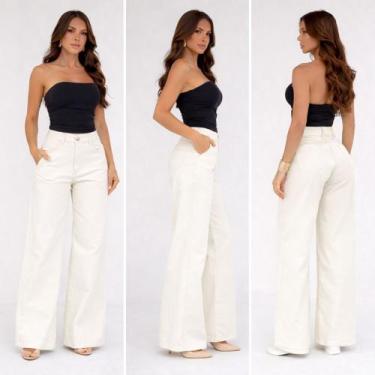 Imagem de Calça Wide Leg Jeans Feminina Cintura Alta Premium Confortável Modelag