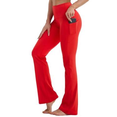 Imagem de Calças de ioga BUBBLELIME Bootcut de cintura alta com bolsos escarlate