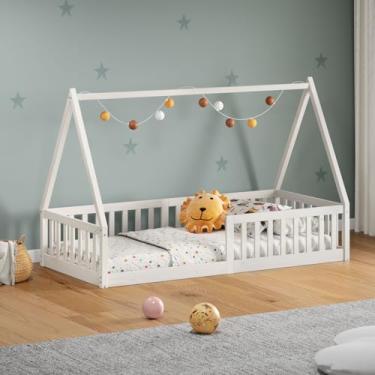 Imagem de IDIMEX Cama Infantil Madeira Branco Grade Montessori Casinha de Chão Nicolas