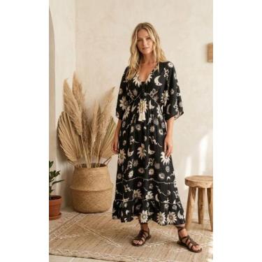 Imagem de Vestido Longo Estilo Boêmio Estampa Retrô de Lua e Estrela - Preto - G