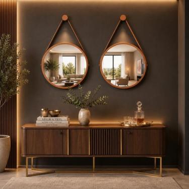 Imagem de Kit 2 Espelhos Redondo Decorativo Suspenso Alça 60cm + Suporte Cobre A