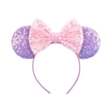 Imagem de Tiara Feminina Roxa E Rosa Da Minnie Com Orelhas De Lantejoulas E Laço