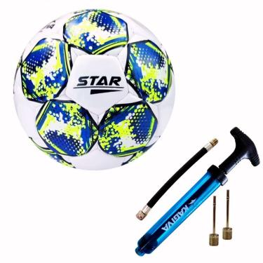 Imagem de Kit Bola de Futsal Star com Bomba de Ar Dupla Ação Amarelo-azul Kagiva Costurada à Mão em Pvc