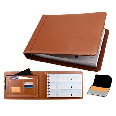 Imagem de 2Fold Supply Business Check Binder 7 anéis para cheques de tamanho comercial de 3 anos com estojo extra para cartão de visita - Carteira de fichário de livro de cheques de luxo com 7 anéis de couro PU