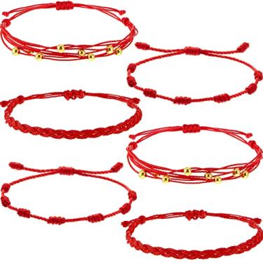 Imagem de 6 pulseiras vermelhas de cordão WILLBOND, pulseira de cordão vermelho, pulseira ajustável com nós vermelho, amuleto para proteção, olho turco e boa sorte para amizade, shown
