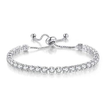 Imagem de Pulseiras de tênis para mulheres banhado a ouro branco diamante AAA+ zircônia cúbica CZ Dainty clássico ajustável pulseira prata joias fashion presente de casamento, Metal, Zircônia cúbica