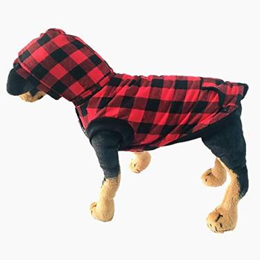 Imagem de Yajun Roupas para cães jaqueta de inverno aconchegante casaco forrado de lã capuz removível xadrez outwear vestuário quente para cães pequenos, médios grandes, vermelho, M