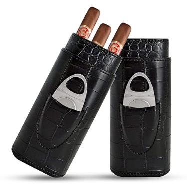 Imagem de 69Bourbons Leather Cigar Case - Suporte Para Tabaco De 3 Dedos, Para Charutos Até 52 Ring Gauge - Umidificador Portátil De Bolso Com Cortador De Charutos Em Aço Inoxidável E Padrões De Pele De Crocodilo - Presente Para Fumantes – Preto