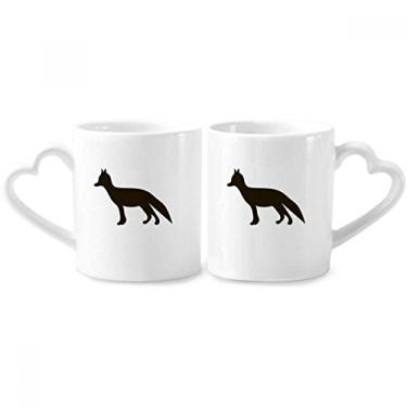Imagem de Conjunto de canecas de porcelana de casal com desenho de animal fofo de raposa preta com alça de coração