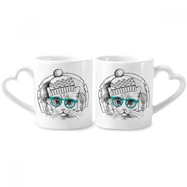 Imagem de Fone de ouvido chapéu de lã branco gato proteger animal casal caneca porcelana conjunto cerâmica amante copo coração alça