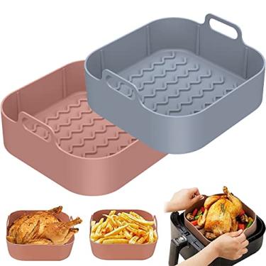 Imagem de 2 peças Air Fryer panela de silicone 20,32 cm forros de silicone para fritadeira a ar antiaderente acessórios reutilizáveis de substituição para fritadeira a ar fritadeira forno micro-ondas (cinza + fundo marrom ondulado)