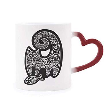 Imagem de Caneca preta branca com estampa de peixe de gato sensível ao calor Caneca vermelha que muda de cor