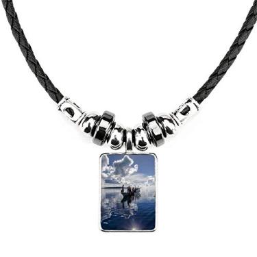 Imagem de DIYthinker Colar com imagem de pessoas de barco azul água oceano joia Torque pingente de corda de couro
