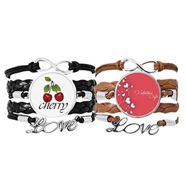 Imagem de DIYthinker White Hearts Vines Pulseira rosa para o Dia dos Namorados Pulseira de Couro Corda Cereja Amor Conjunto Duplo