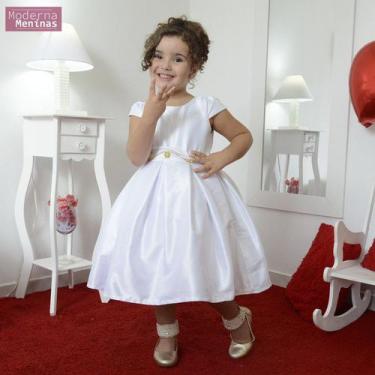 Imagem de Vestido Infantil Branco Cor Única Com Bordado Pedrarias E Strass - Mod