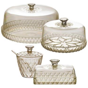 Imagem de Kit boleira baixa, queijeira, açucareiro e manteigueira de plástico Cristal âmbar Plasutil