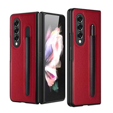 Imagem de Capa Lychee Pen Slot para Samsung Galaxy Z Fold 4 3 PU PC Leather Pattern Capa Anti-knock Luxury Cases para Fold3,red,For fold 3