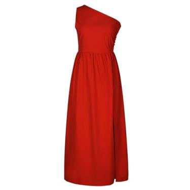 Imagem de UIFLQXX Vestido longo plus size para mulheres, cor sólida, tecido macio, sedoso, fenda alta, vestido sem mangas, vestido de um ombro só, Vermelho, M