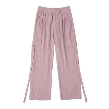 Imagem de Calça cargo feminina cintura alta, calça de pára-quedas baggy perna larga streetwear com bolsos calça de caminhada calça de moletom feminina (Rosa, M)