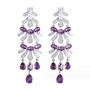 Imagem de Brinco de gota de ouro branco banhado a ouro personalizado exagero criatividade, casamento, dama de honra, oval, lágrima, ametista roxa, zircônia cúbica australiana, brinco longo para mulheres e