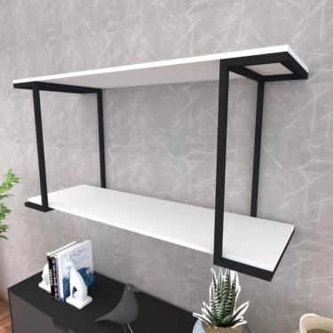 Imagem de Prateleira Industrial Suspensa Estante Parede Nicho Branca Ferro E Madeira Suporte Pratileira