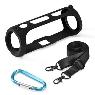 Imagem de Generic Capa de silicone compatível com alto-falante JBL FLIP Essential 2, gel macio para viagem, bolsa de borracha impermeável, capa protetora com alça de ombro e mosquetão (preto)