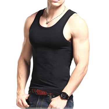 Imagem de Pacote com 2 camisetas masculinas 100% algodão camiseta regata canelada preta branca cinza, Preto, P