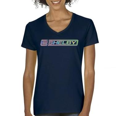 Imagem de Camiseta feminina com logotipo Shelby Holo gola V American Mustang Muscle Car GT GT350 GT500 Cobra Performance Powered by Ford Tee, Azul marinho, G