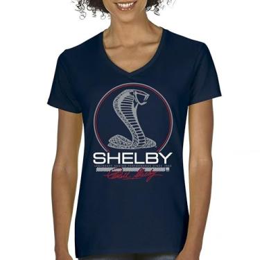 Imagem de Camiseta feminina Shelby Cobra Legendary Racing Performance gola V American Classic Muscle Car GT500 GT Powered by Ford Tee, Azul marinho, XXG