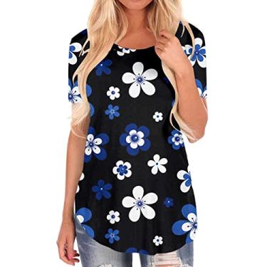 Imagem de Blusas femininas de verão grandes de manga curta com estampas para sair, blusas modernas de algodão, camisas boêmias, túnicas para coquetéis, Azul, XG